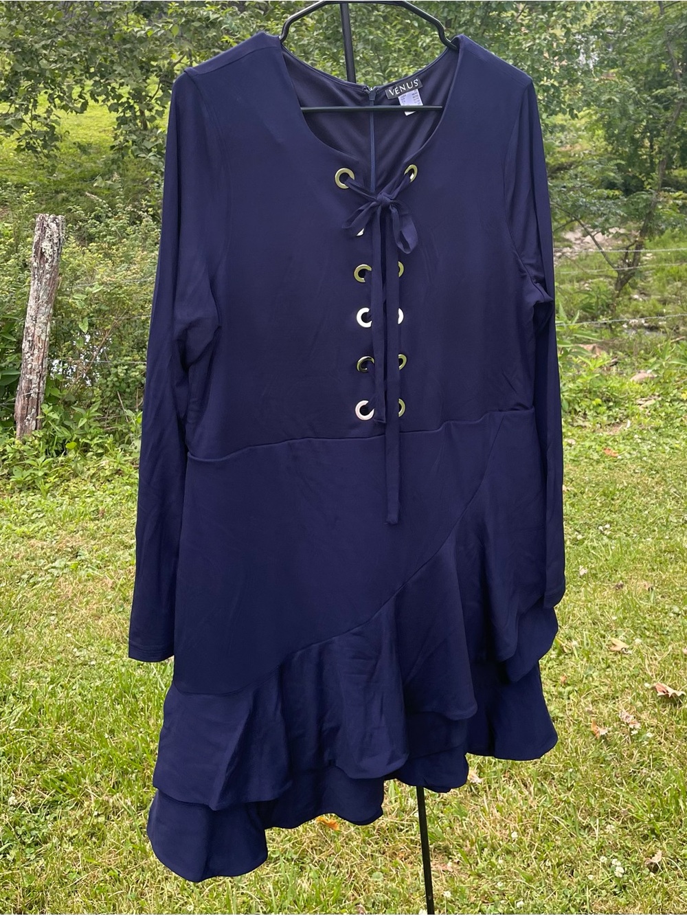 VENUS Navy Lace-Up Ruffle Hem Tunic Dress XL